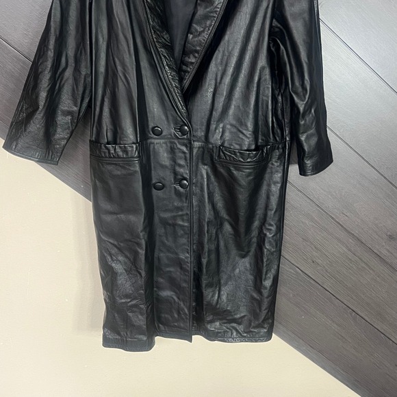 International Leather Women M Genuine Leather Longline Coat Button Black Vintage - Picture 5 of 10